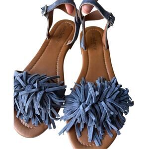 Sundance Blue Suede Fringe Flat Sandals Made in Italy EU 40/ US 9.5